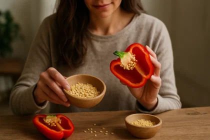 Žena predvádza semienka papriky v miske a rozkrojenú papriku.