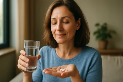 Žena užívajúca horčík s pohárom vody