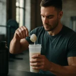 Muž mieša proteínový prášok v posilňovni.