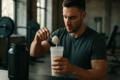 Muž mieša proteínový prášok v posilňovni.