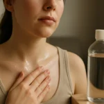 Žena s aplikovaným minerálnym olejom na pokožku krku a dekoltu.