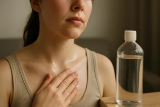 Žena s aplikovaným minerálnym olejom na pokožku krku a dekoltu.