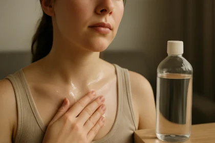 Žena s aplikovaným minerálnym olejom na pokožku krku a dekoltu.