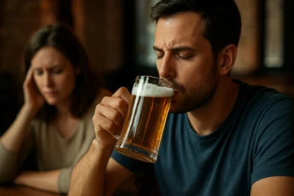 Muž vychutnáva pivo v reštaurácii, žena s bolesťou hlavy v pozadí.