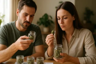 Dvojica ľudí vyberá odrody marihuany v sklenených nádobách