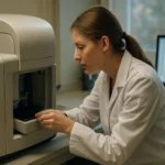 Vedec pracujúci s MALDI-TOF analyzátorom v laboratóriu.