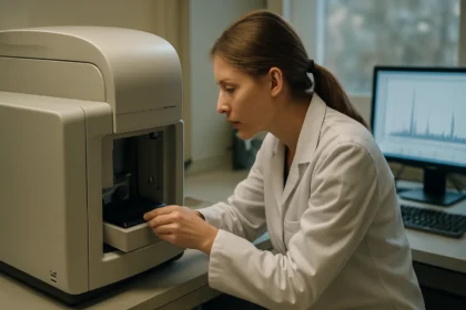 Vedec pracujúci s MALDI-TOF analyzátorom v laboratóriu.