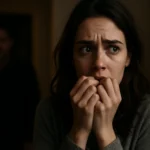 Žena s vystrašeným výrazom a zovretými rukami, zobrazuje strach.