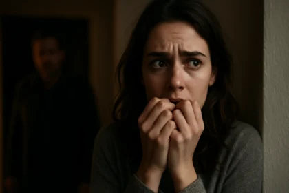 Žena s vystrašeným výrazom a zovretými rukami, zobrazuje strach.