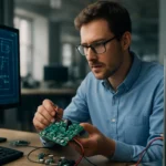 Muž testuje elektrickú dosku v laboratóriu moderných technológií.