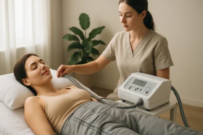 Žena na strojovej lymfodrenáži pre zdravie a krásu