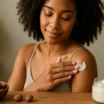 Žena si nanáša bambucké maslo na pokožku ramena