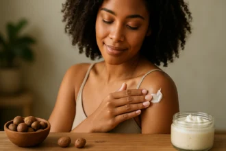 Žena si nanáša bambucké maslo na pokožku ramena