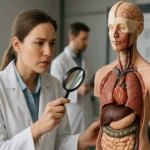 Žena skúmajúca anatomický model ľudského tela so zväčšovacím sklom.