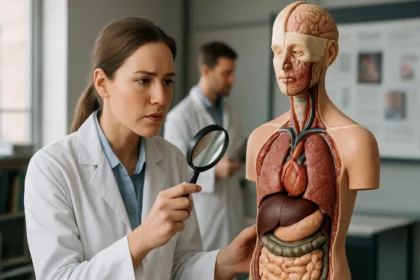 Žena skúmajúca anatomický model ľudského tela so zväčšovacím sklom.