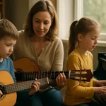 Deti sa učia hrať hudbu s učiteľom v domácom prostredí.