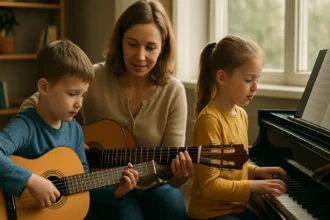 Deti sa učia hrať hudbu s učiteľom v domácom prostredí.