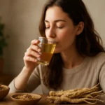 Žena piť bylinkový čaj z Angelica Sinensis pre zdravie.