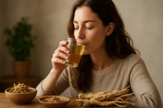 Žena piť bylinkový čaj z Angelica Sinensis pre zdravie.