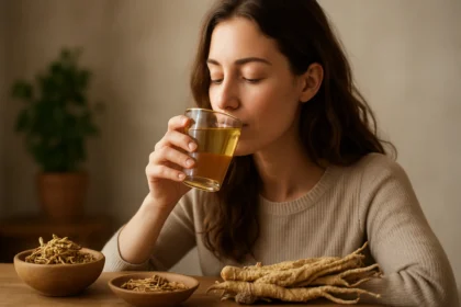 Žena piť bylinkový čaj z Angelica Sinensis pre zdravie.