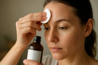 Žena aplikuje peroxid vodíka na pokožku pomocou vatového tampónu