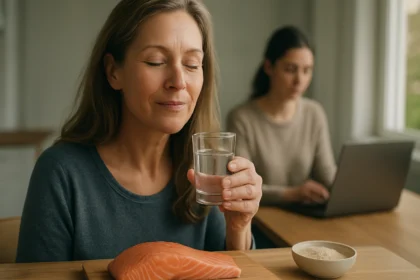 Žena si vychutnáva pohár vody spolu so zdravým jedlom bohatým na kolagén.