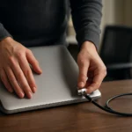 Osoba zabezpečuje notebook pomocou Kensington zámku.