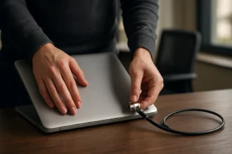 Osoba zabezpečuje notebook pomocou Kensington zámku.