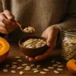 Tekvicové semienka v miske a na stole, pripravené na konzumáciu.