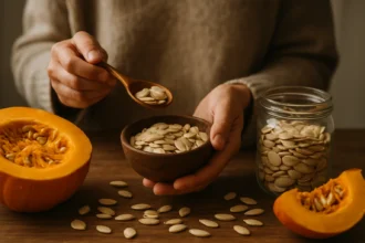 Tekvicové semienka v miske a na stole, pripravené na konzumáciu.