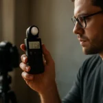 Muž meria svetlo pomocou fotometra v štúdiu