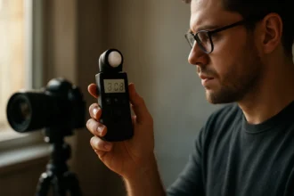 Muž meria svetlo pomocou fotometra v štúdiu