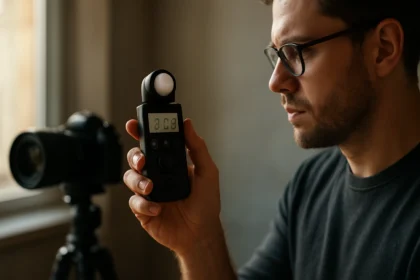 Muž meria svetlo pomocou fotometra v štúdiu