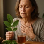 Žena s orechovým listom a čajom, užívajúca liečivé účinky orechových listov.