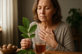 Žena s orechovým listom a čajom, užívajúca liečivé účinky orechových listov.