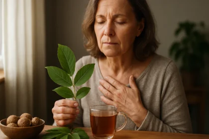 Žena s orechovým listom a čajom, užívajúca liečivé účinky orechových listov.