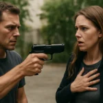 Muž s poplašnou pištoľou smeruje na ženu, vyjadruje napätie.