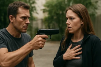 Muž s poplašnou pištoľou smeruje na ženu, vyjadruje napätie.