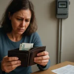 Žena s obavami kontroluje svoj peňaženkový obsah.