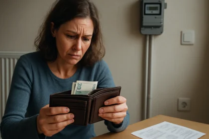 Žena s obavami kontroluje svoj peňaženkový obsah.