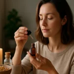 Žena používa esenciálny olej z kadidla pre relaxáciu a pohodu.