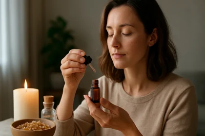 Žena používa esenciálny olej z kadidla pre relaxáciu a pohodu.