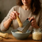 Žena strúhajúca chren do modrej misy v kuchyni.