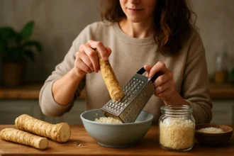 Žena strúhajúca chren do modrej misy v kuchyni.