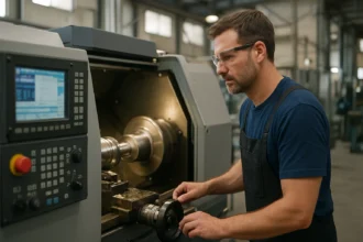 Obrázok muža pracujúceho na modernom sústruhu v dielni