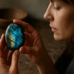 Žena skúma labradorit, magický drahokam s jedinečnými farbami