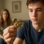 Chlapec skúma zlatý fidget spinner, pozadie rozmazané.