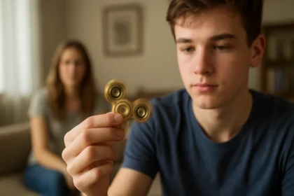 Chlapec skúma zlatý fidget spinner, pozadie rozmazané.