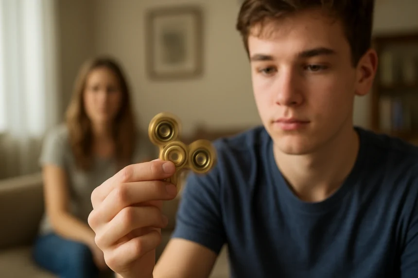 Chlapec skúma zlatý fidget spinner, pozadie rozmazané.