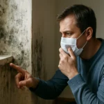 Muž s ochrannou maskou skúma plesne na stene pri okne.